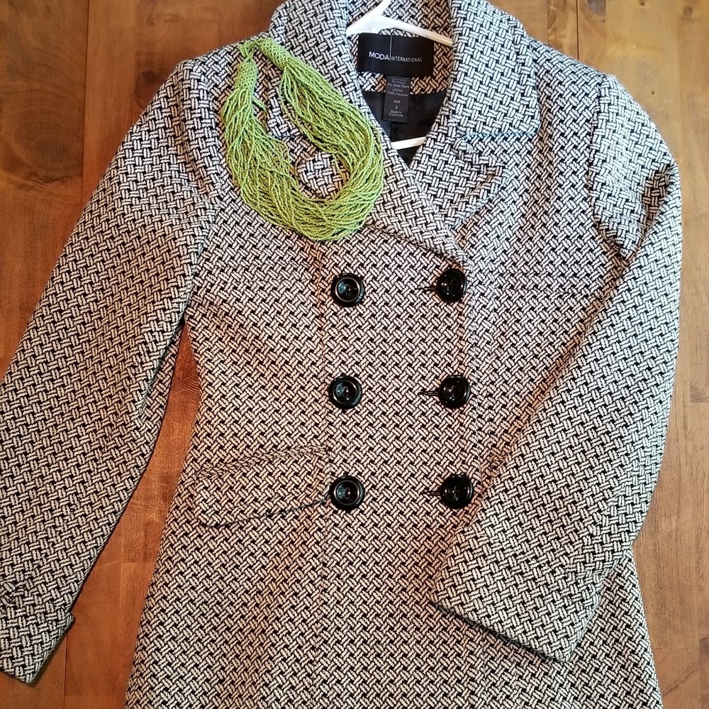 MODA international black and white tweed peacoat.